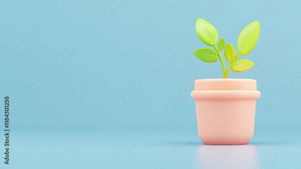 innovation future sustainability application concept. A small green plant in a pastel pink pot against a light blue background. innovation future sustainability application concept. A small green plant in a pastel pink pot against a light blue background.