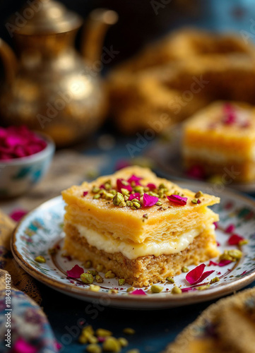 Wallpaper Mural A square of knafeh with shredded pastry, gooey cheese, pistachios, and rose petals.

 Torontodigital.ca