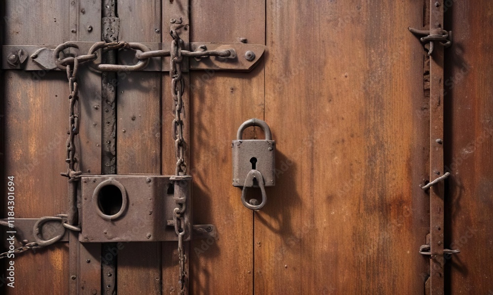 Weathered, rusty iron door with a large, old padlock and chain, decayed, worn Weathered, rusty iron door with a large, old padlock and chain, decayed, worn
