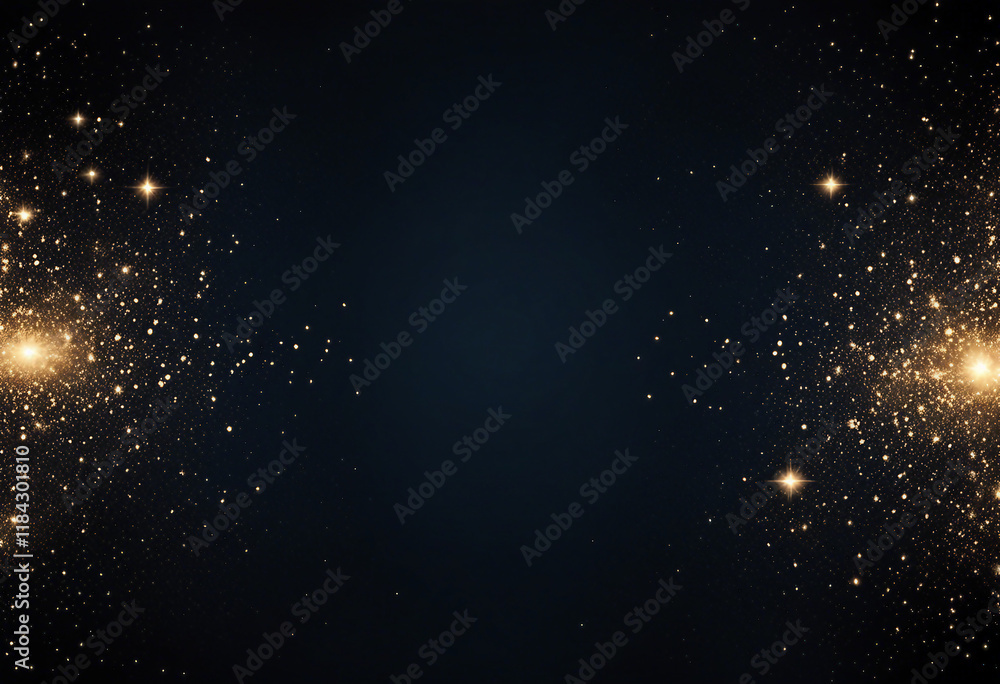 Fototapeta premium Dark blue background with two clusters of golden stars and sparkles on either side.