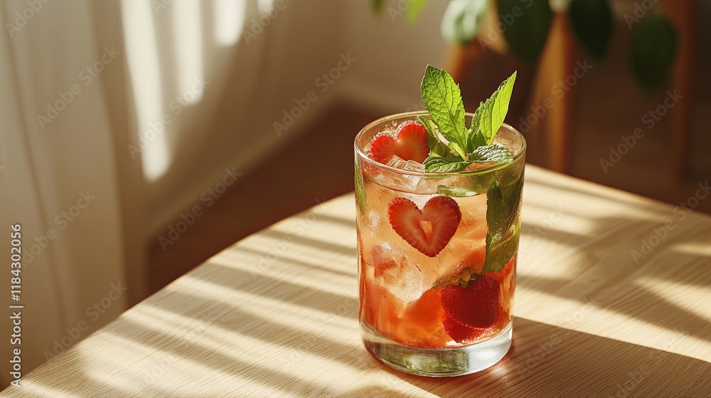 A glass of strawberry mojito with heart-shaped mint leaves, placed on a light wooden table A glass of strawberry mojito with heart-shaped mint leaves, placed on a light wooden table