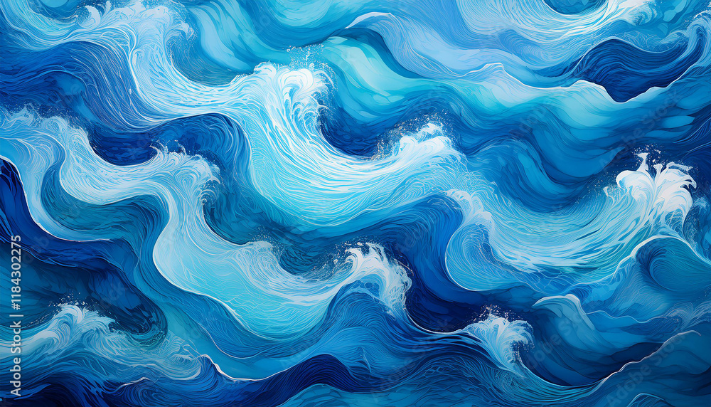 Patterns of turquoise seawater with the movement of waves and foam