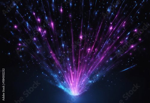 Explosion of light beams emanating from a central point. The light beams spread outwards, giving the impression of an energetic burst or a cosmic event.