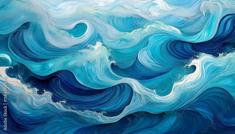 Patterns of turquoise seawater with the movement of waves and foam