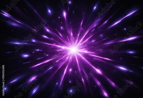 Striking starburst of light with purple, violet, and white rays shooting out from the center, giving it a cosmic explosion feel.