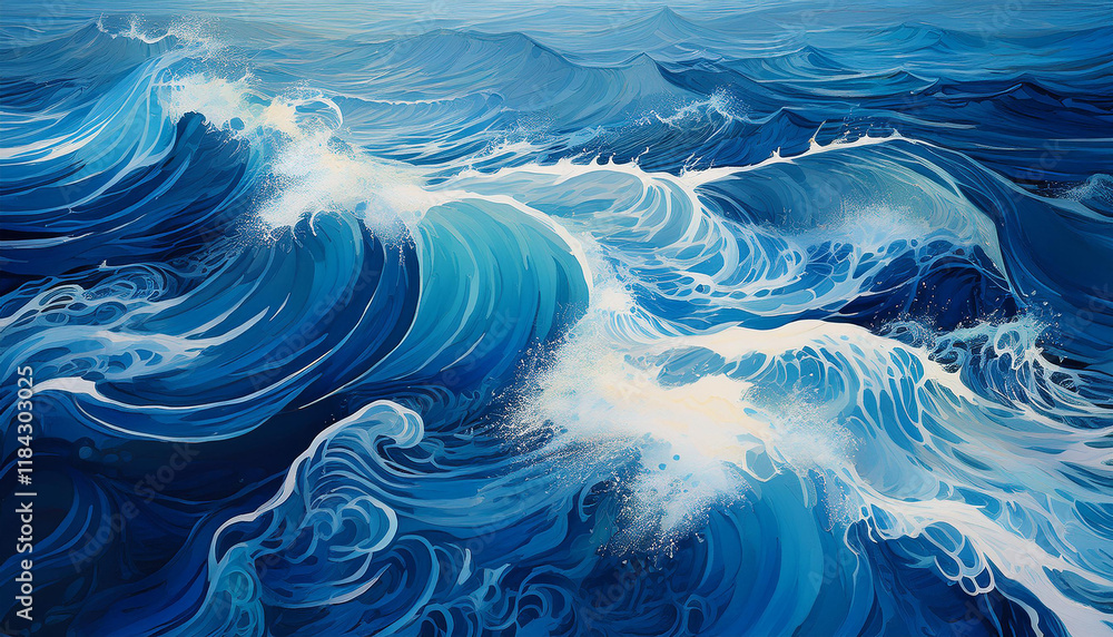 Patterns of turquoise seawater with the movement of waves and foam