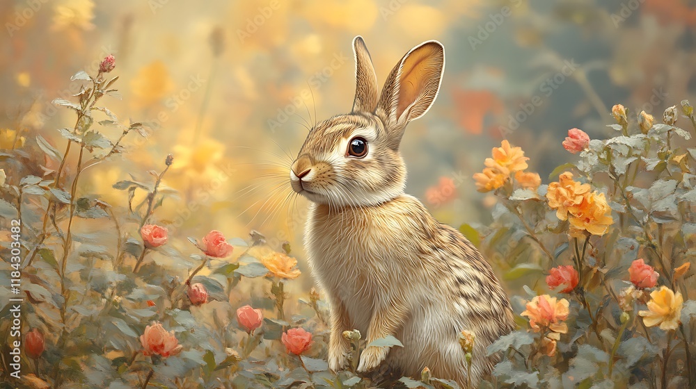 A Young Rabbit Amidst Blooming Roses in a Garden A Young Rabbit Amidst Blooming Roses in a Garden