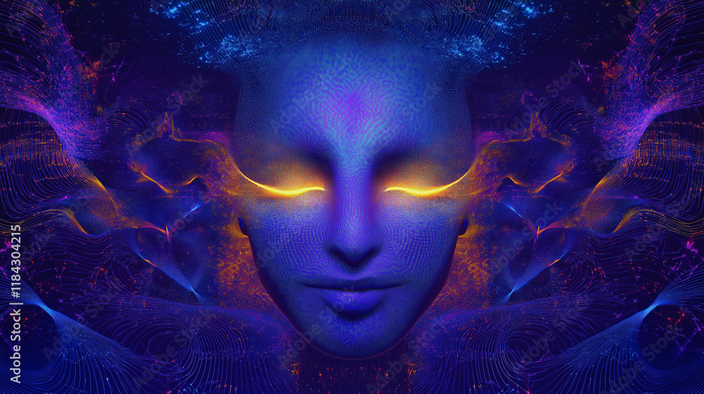 Fototapeta premium Serene Blue Face in a Cosmic Digital Art