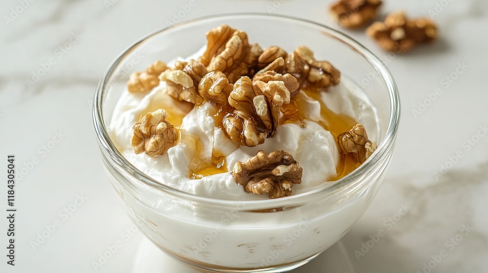 A clear bowl of Greek yogurt topped with honey and walnuts on a light marble countertop A clear bowl of Greek yogurt topped with honey and walnuts on a light marble countertop