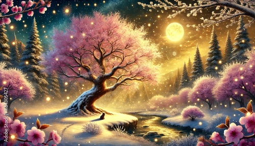 A serene and magical nighttime landscape featuring a snow-covered cherry tree with blossoms, under golden moonlight