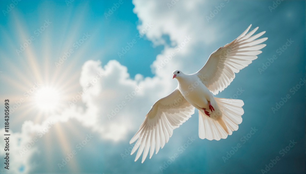 Obraz premium Dove flying against a bright sky, Day of Remembrance for the Victims Genocide in World War II