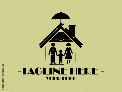 Family inside home, hand drawing another house. drawing roof on the family on chalkboard suitable for real estate concepts, home insurance, family living, future plans visuals