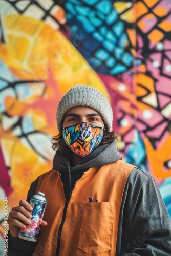 portrait of graffiti artist wearing mask and holding can of spray paint with vivid mural behind them photo