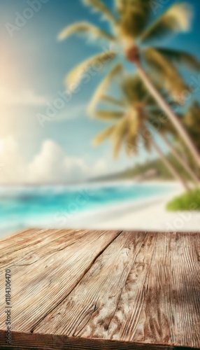 Fototapeta Naklejka Na Ścianę i Meble -  Empty rustic wooden table on blur background of beautiful beach for mockup summer product display or travel ad. Picnic table with customizable space on table-top for editing. Flawless