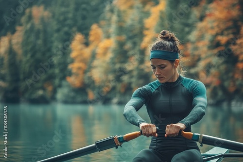 portrait of rower preparing their oar with vibrant forest and water softly blurred in background photo