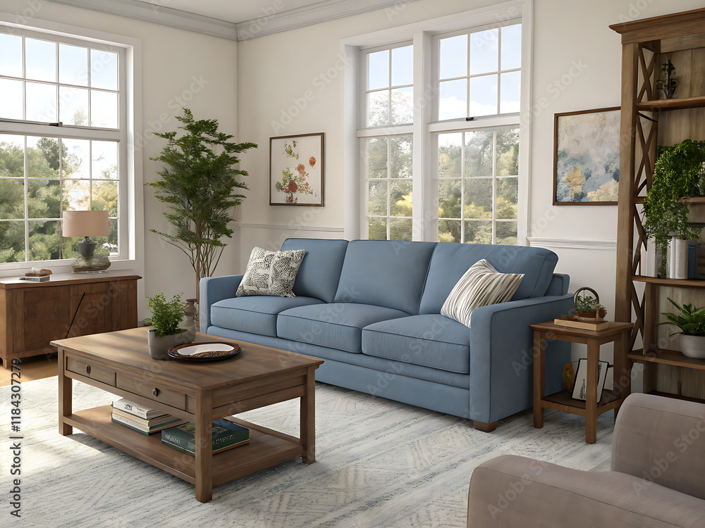 Interior of living room with blue sofa 3d rendering Interior of living room with blue sofa 3d rendering