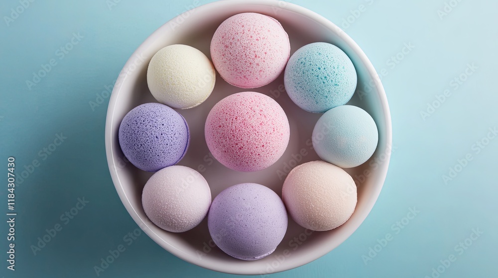A collection of scented bath bombs arranged in a white ceramic bowl A collection of scented bath bombs arranged in a white ceramic bowl