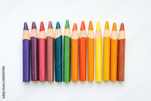 set of crayons arranged in rainbow spectrum on solid white background photographed from above