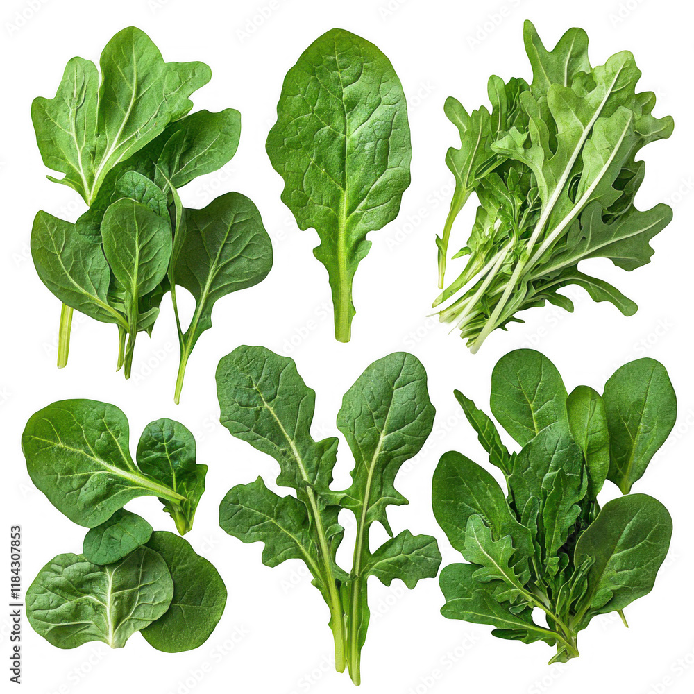 Assorted Fresh Green Leaves Isolated on White Background - Ideal for Health and Nutrition or Culinary Presentations in Cooking or Salads Assorted Fresh Green Leaves Isolated on White Background - Ideal for Health and Nutrition or Culinary Presentations in Cooking or Salads