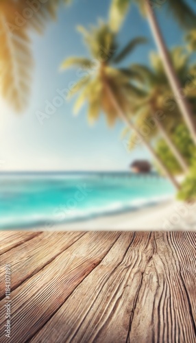 Empty rustic wooden table on blur background of beautiful beach for mockup summer product display or travel ad. Picnic table with customizable space on table-top for editing. Flawless