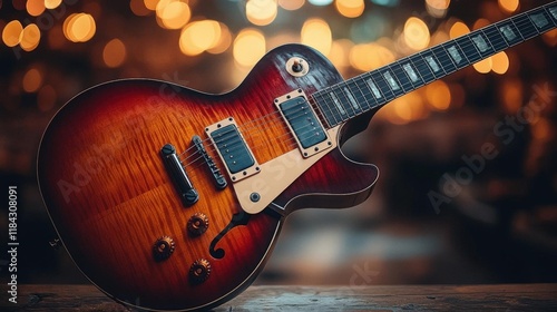 Close-up of a sunburst electric guitar with bokeh lights in the background