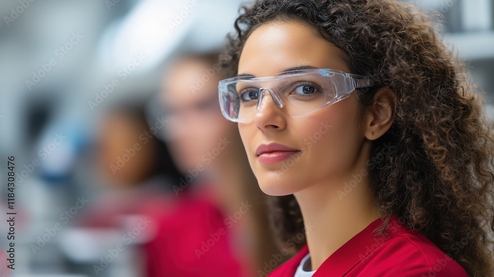 Confident Female Scientist in Lab Setting Wearing Protective Goggles and Red Lab Coat Symbolizing Diversity and Innovation in STEM Fields Confident Female Scientist in Lab Setting Wearing Protective Goggles and Red Lab Coat Symbolizing Diversity and Innovation in STEM Fields