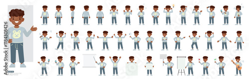 Set of kid character vector design. Boy wear blue shirt. Presentation in various action with emotions, running, standing and walking.