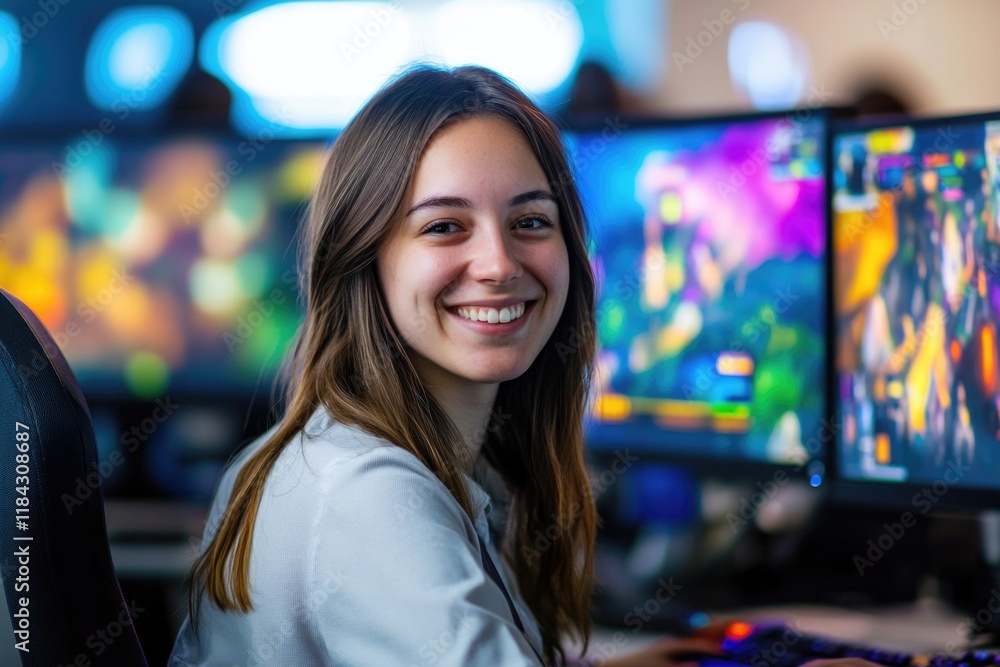 Fototapeta premium smiling young female game developer sitting at her workstation surrounded by multiple screens