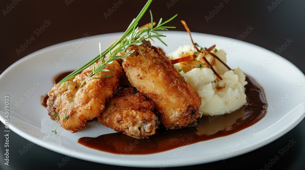 Crispy Fried Chicken on a White Plate Served with Mashed Potatoes and Rich Brown Gravy Crispy Fried Chicken on a White Plate Served with Mashed Potatoes and Rich Brown Gravy