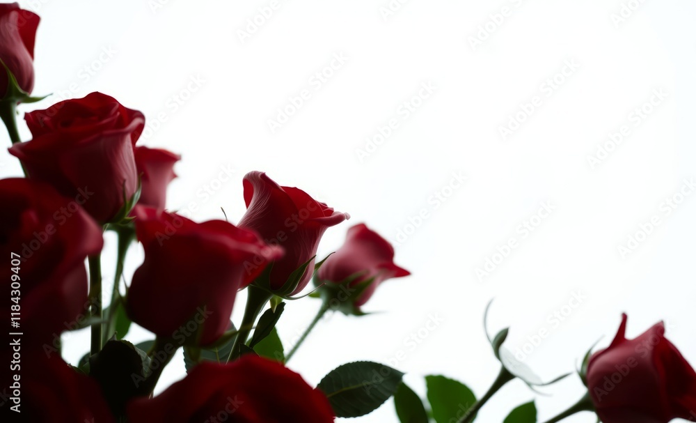 Deep red roses, white background, dramatic contrast, elegant floral arrangement, partial view, rose petals, green stems, romantic imagery, Valentine's Day concept, minimalist composition, high-key lig Deep red roses, white background, dramatic contrast, elegant floral arrangement, partial view, rose petals, green stems, romantic imagery, Valentine's Day concept, minimalist composition, high-key lig