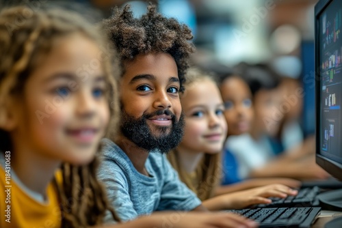 Multiracial group of elementary students having computer class with their teacher in classroom. Generative AI