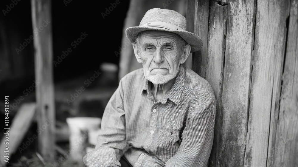 Fototapeta premium Elderly man in hat sits by weathered wooden structure.