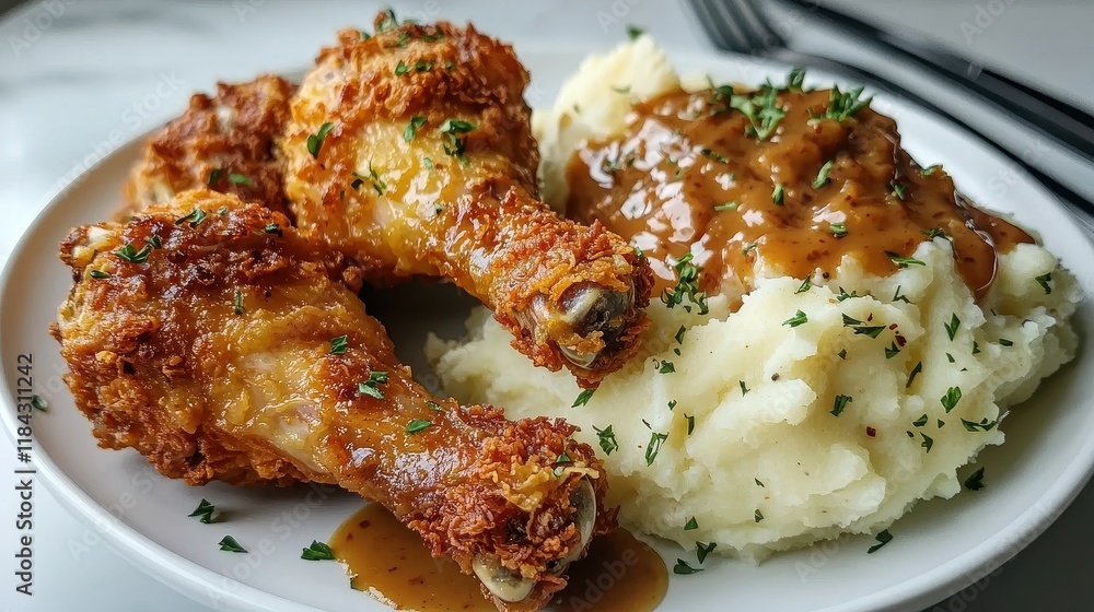 Crispy Fried Chicken Drumsticks on a Plate with Creamy Mashed Potatoes and Gravy Garnish Crispy Fried Chicken Drumsticks on a Plate with Creamy Mashed Potatoes and Gravy Garnish