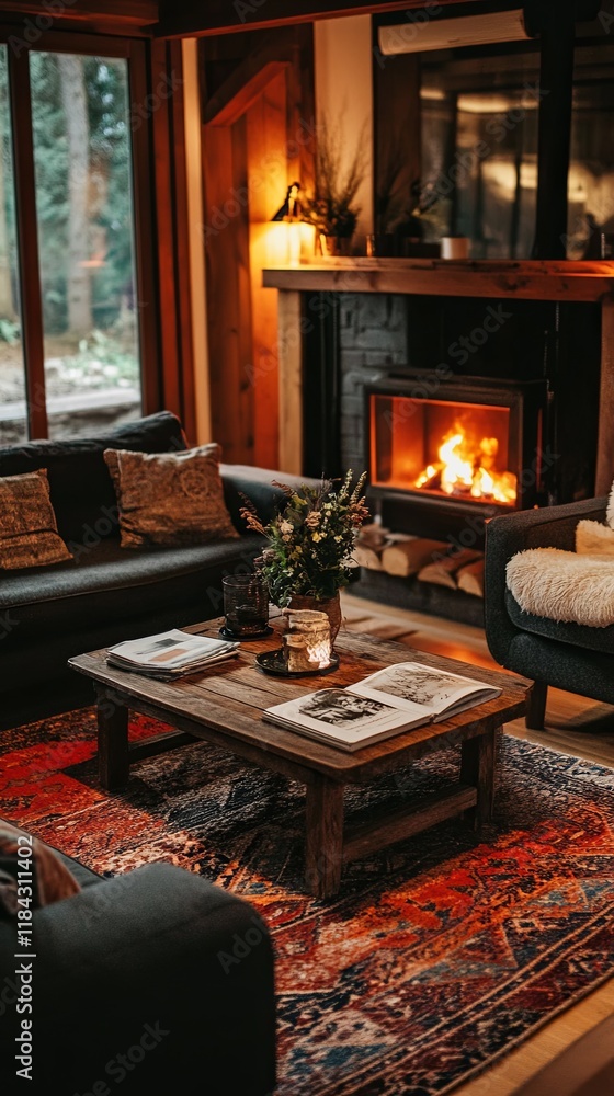 A cozy living room setup with plush sofas, a coffee table, and a roaring fireplace A cozy living room setup with plush sofas, a coffee table, and a roaring fireplace