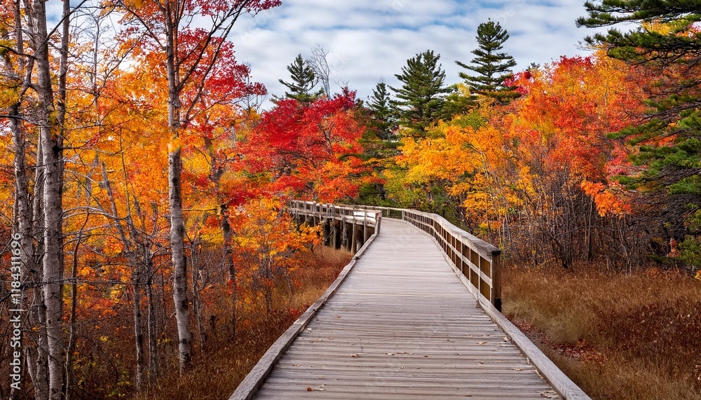 bright autumn trees along boardwalk in late autumn in michigan upper peninsula bright autumn trees along boardwalk in late autumn in michigan upper peninsula