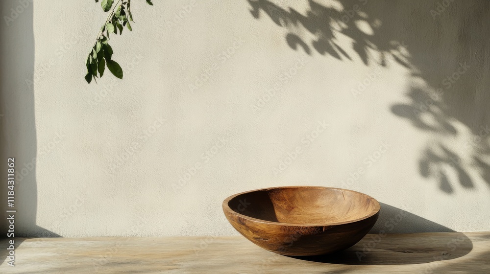 Empty wooden bowl on wooden table with plant shadow on beige wall. Empty wooden bowl on wooden table with plant shadow on beige wall.