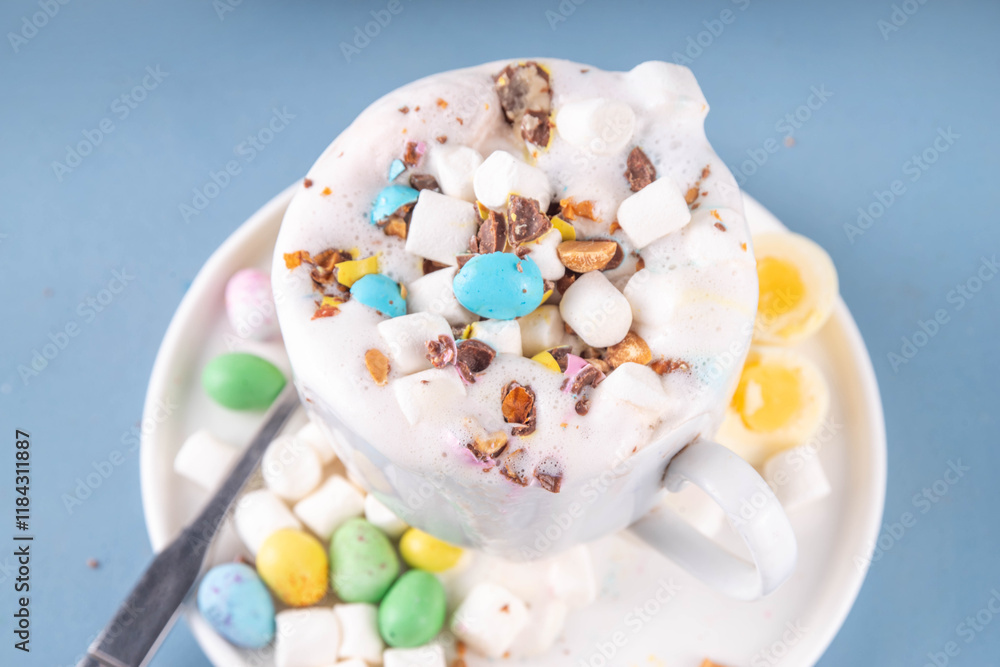 Easter hot chocolate with whipped cream, marshmallow and crushed chocolate mini eggs, on colorful table background, with ingredients, copy space Easter hot chocolate with whipped cream, marshmallow and crushed chocolate mini eggs, on colorful table background, with ingredients, copy space
