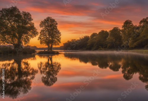 Golden Hour Serenity Trees Silhouetted Against a Vibrant Sunset Sky Reflected in a Calm Lake