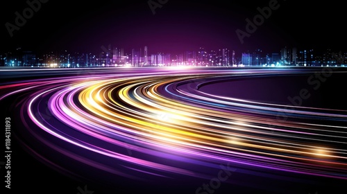 Abstract Night Cityscape with Dynamic Light Trails and Speed Lines