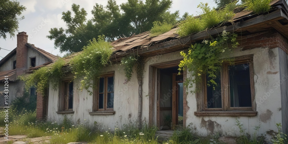 Fototapeta premium Weeds covering the roof of an abandoned house, neglected, weeds, roof