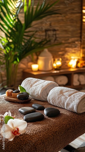 A luxury spa room with a hot stone massage setup and ambient lighting