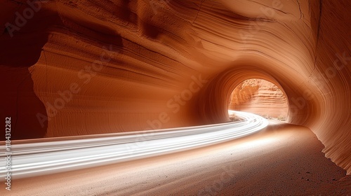 Dramatic Light Trails Through a Sandstone Tunnel Curving Road in Arizona s Red Rock Canyon