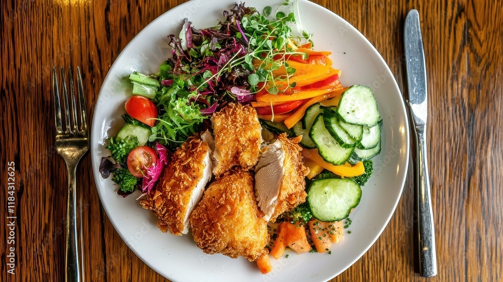 Crispy Golden Fried Chicken Platter with Fresh Vegetables and Colorful Salad on a White Plate Crispy Golden Fried Chicken Platter with Fresh Vegetables and Colorful Salad on a White Plate