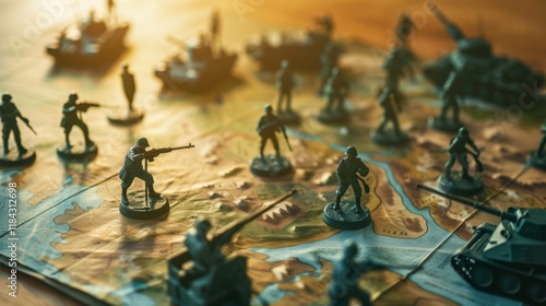 Close-Up of Detailed Military Strategy Map with Miniature Soldiers and Terrain Models on Wooden Table. Focused Scene with Softly Blurred Background.