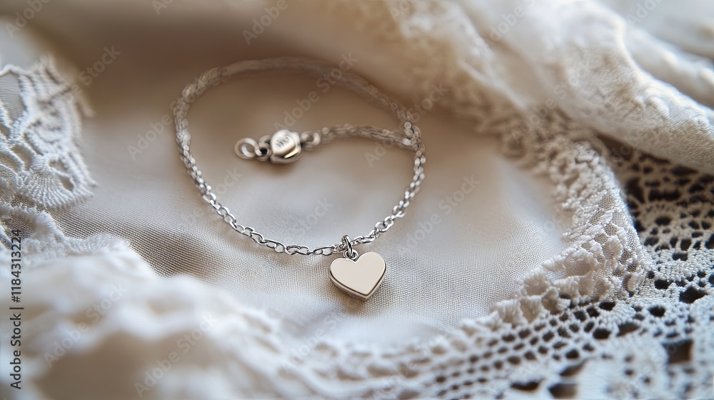 A delicate silver bracelet with a heart charm, displayed on a background with a lace handkerchief A delicate silver bracelet with a heart charm, displayed on a background with a lace handkerchief