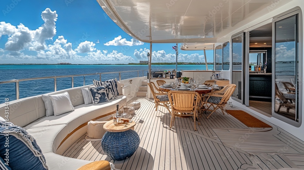 Fototapeta premium A luxury yacht deck with sun loungers, a dining area, and ocean views