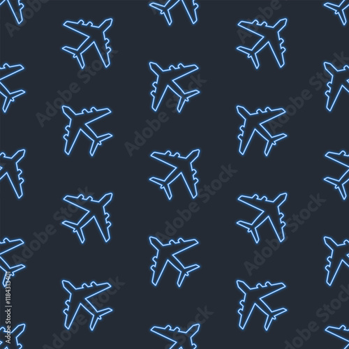Blue line neon airplane icons on black background. Vector seamless pattern.