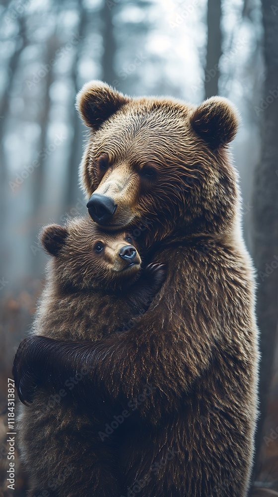 Obraz premium Brown Bear Mother Tenderly Embraces Her Cub In The Forest