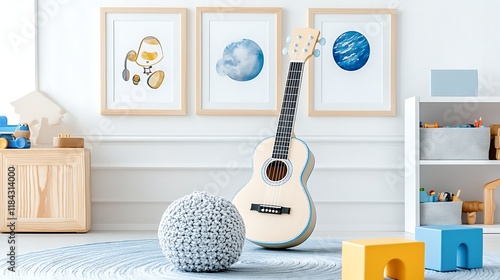 Child s Room Decor  Guitar  Blue Rug  and Abstract Art photo