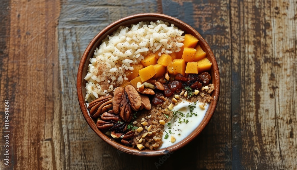 Delicious Turkey Sutlac Rice Pudding with Nuts and Fresh Fruits in Rustic Bowl Delicious Turkey Sutlac Rice Pudding with Nuts and Fresh Fruits in Rustic Bowl